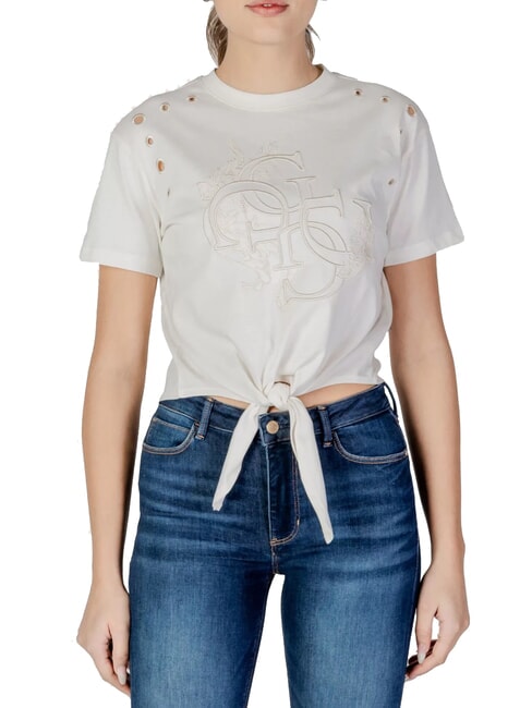 GUESS CN SS EYELET T-Shirt mit Knoten und Stickerei cremwhi - T-Shirts und Tops für Damen