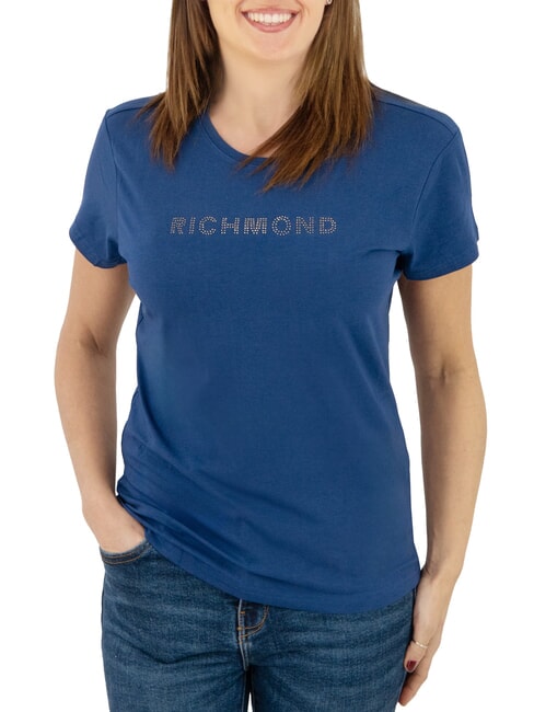 JOHN RICHMOND MECHI Stretch-T-Shirt mit Strass-Logo Blau - T-Shirts und Tops für Damen