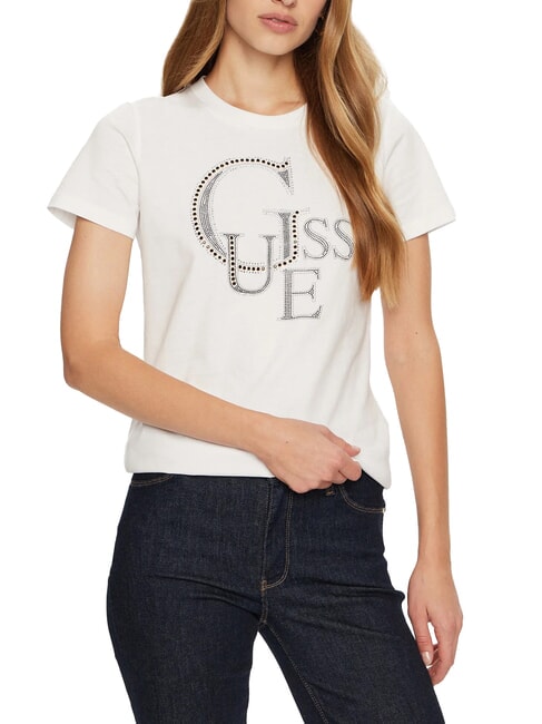 GUESS STUDDED Baumwoll-T-Shirt mit Strass-Logo purweiß - T-Shirts und Tops für Damen