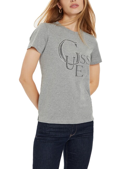 GUESS STUDDED Baumwoll-T-Shirt mit Strass-Logo Marmorheide - T-Shirts und Tops für Damen