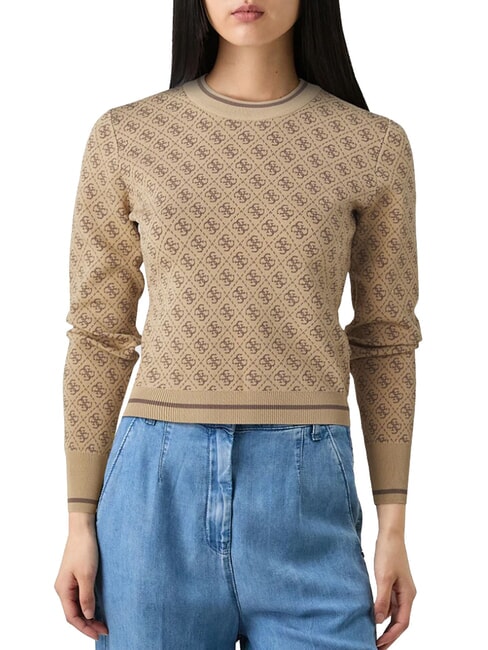 GUESS LISE 4G Strickjacke mit Rundhalsausschnitt Kaffee und Travertin - Damenpullover