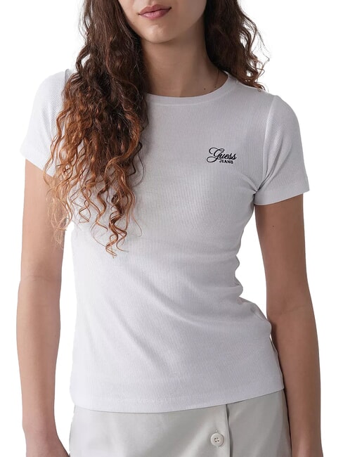 GUESS JEANS SS CN EMBRO SLIM T-Shirt aus elastischer Baumwolle purweiß - T-Shirts und Tops für Damen
