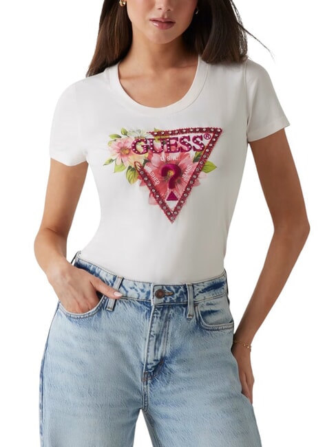 GUESS SS CN TRIANGLE T-Shirt mit floralem Dreieckslogo cremwhi - T-Shirts und Tops für Damen