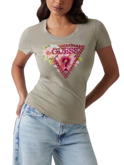 GUESS SS CN TRIANGLE T-Shirt mit floralem Dreieckslogo Salbeiblatt - T-Shirts und Tops für Damen
