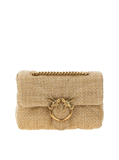 PINKO LOVE PUFF Mini-Umhängetasche aus Bast Beige-Rauchgrau-Antikgold - Damentaschen