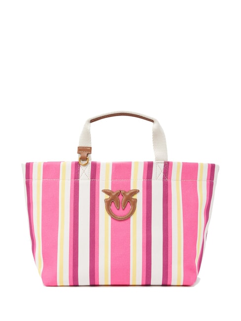 PINKO STRIPES Mittelgroßer Shopper aus gestreiftem Canvas fuchsia/gelb/weiß-antikgold - Damentaschen