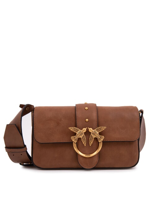 PINKO LOVE ONE MINI Mini-Umhängetasche aus Leder Braun - Löwe-Antikgold - Damentaschen