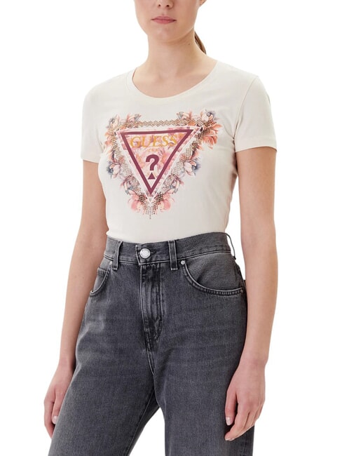 GUESS TRIANGLE FLOWERS Stretch-T-Shirt mit Aufdruck Vanille-Rouge - T-Shirts und Tops für Damen