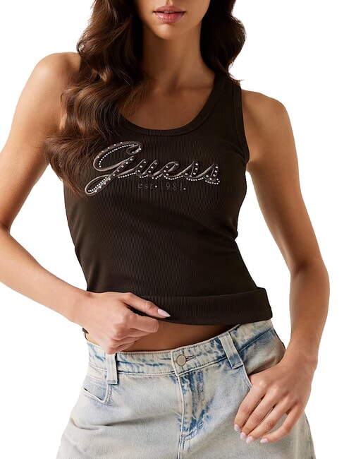 GUESS RAISSA LOGO Tanktop mit Strass-Logo Espressobraun - T-Shirts und Tops für Damen