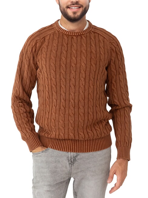 SUN68 VINTAGE Rundhalspullover mit Zopfmuster Kakao - Herrenpullover