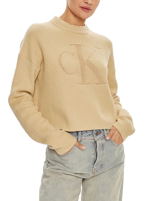 CALVIN KLEIN CK JEANS Pullover mit Rundhalsausschnitt und Logo blasses Khaki - Damenpullover
