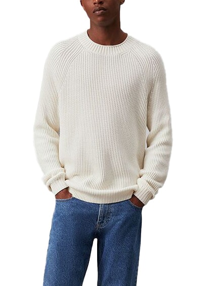 CALVIN KLEIN CK JEANS Gerippter Rundhalspullover Elfenbein - Herrenpullover