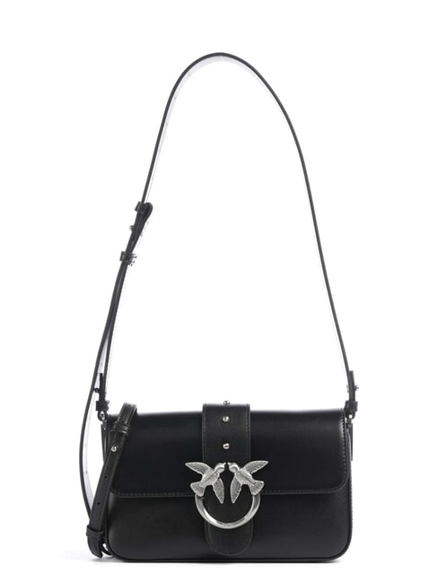 PINKO LOVE ONE SLOUCHY Mini-Umhängetasche aus Leder schwarze Limousine - mattsilber - Damentaschen