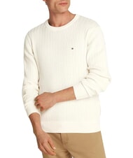 TOMMY HILFIGER TH Zopfstrickpullover mit Rundhalsausschnitt Elfenbeinbl&uuml;tenblatt - Herrenpullover - 1