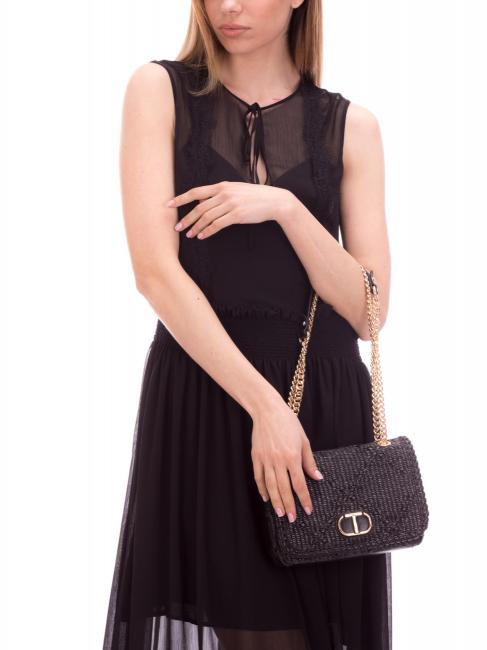 STRAW EMBROIDERY Kleine Umh&auml;ngetasche mit &Uuml;berschlag Schwarz - Damentaschen