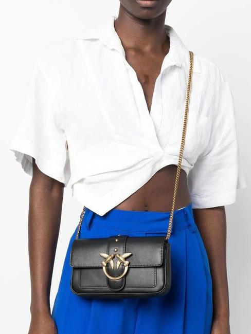 LOVE ONE POCKET Umh&auml;ngetasche aus Leder schwarz-antikgold - Damentaschen