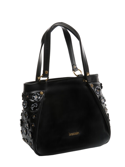 SOFIA Umh&auml;ngetasche aus Leder mit kleinen Blumen Schwarz - Damentaschen