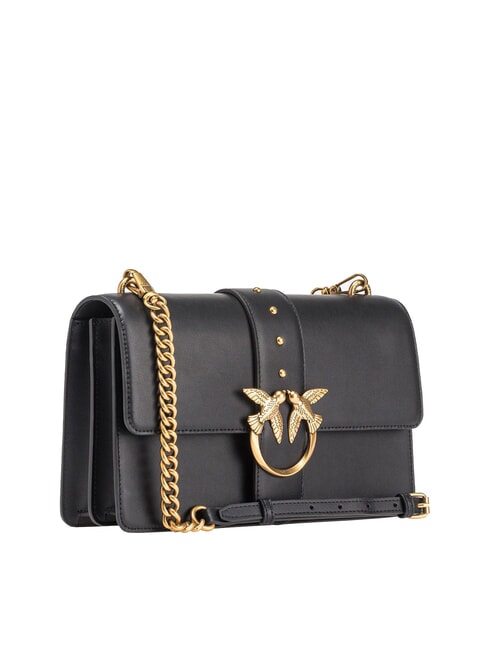 LOVE ONE CLASSIC Umh&auml;ngetasche aus Leder mit &Uuml;berschlag schwarz-antikgold - Damentaschen