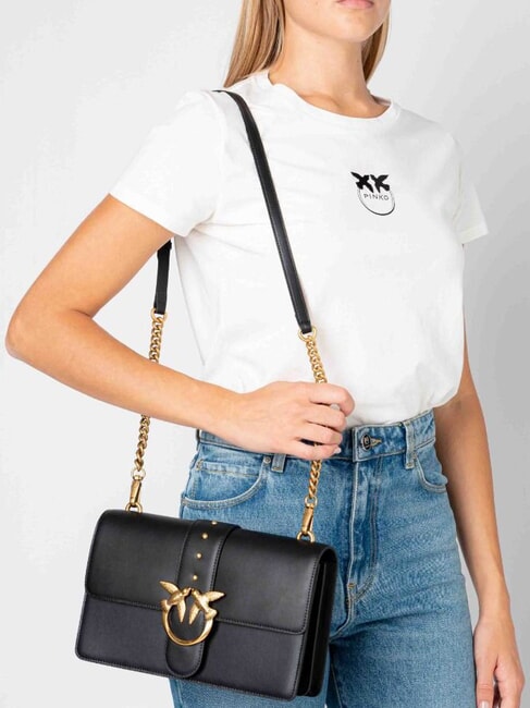 LOVE ONE CLASSIC Umh&auml;ngetasche aus Leder mit &Uuml;berschlag schwarz-antikgold - Damentaschen