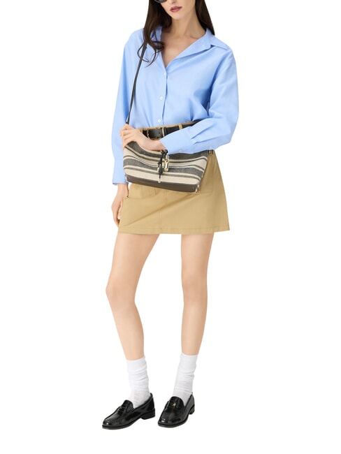 DEBBY Schultertasche, Leder und Leinen Indigot&ouml;ne - Damentaschen