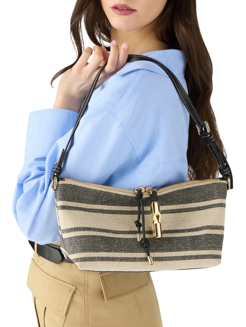 DEBBY Schultertasche, Leder und Leinen Indigot&ouml;ne - Damentaschen