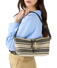 FURLA DEBBY Schultertasche, Leder und Leinen Indigot&ouml;ne - Damentaschen - 3