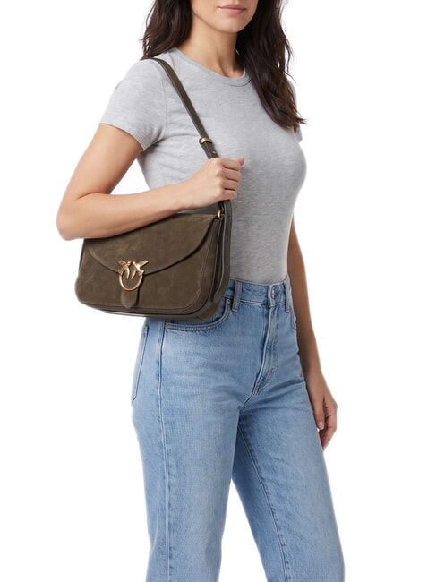 LOVE SATCHEL Schultertasche aus Wildleder Dunkelolivgr&uuml;n-Antikgold - Damentaschen